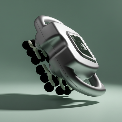 Handheld massager with black and white nodes on a green background