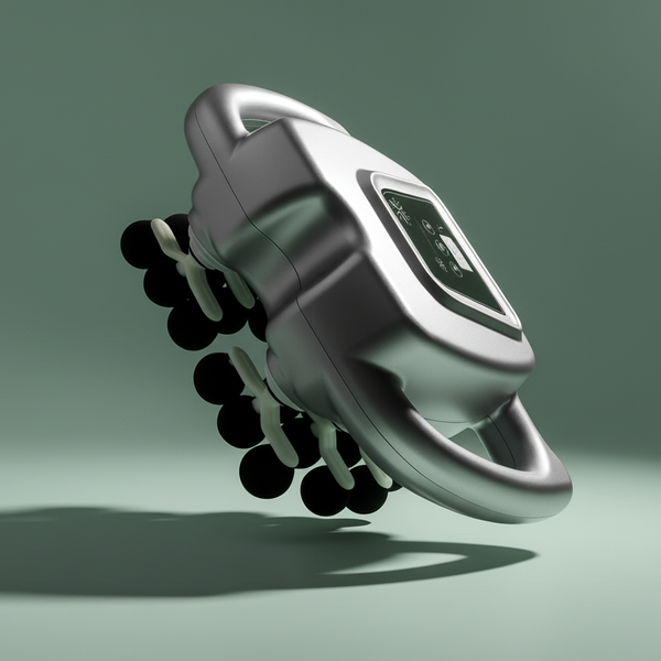 Handheld massager with black and white nodes on a green background