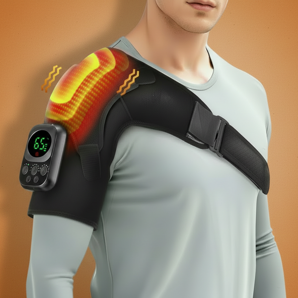 Person wearing a heating pad on their shoulder with digital display